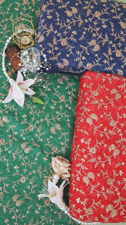 Red Fine Chanderi Antique Gold Kasab Dori Sequin Embroidery Jaal with Minakari Fabric