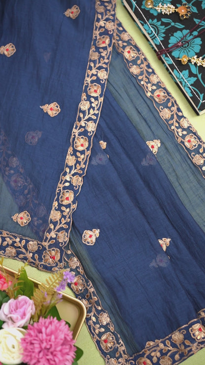 Fine Chanderi Antique Kasab Embroidered Fabric with Mina Dupatta