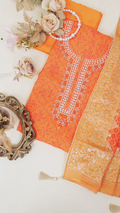 Orange Organza Printed Suit with Zardosi Embroidery & Lurex Dupatta
