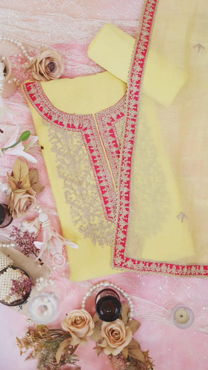 Yellow Fine Chanderi Suit with Dori Patch Work Embroidery & Dupatta