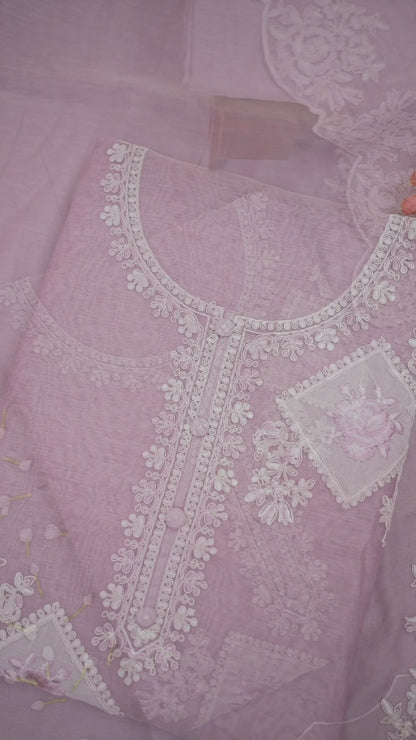 Misty Lilac Grey Fine Chanderi Suit with Embroidered Dupatta & Cotton Bottom
