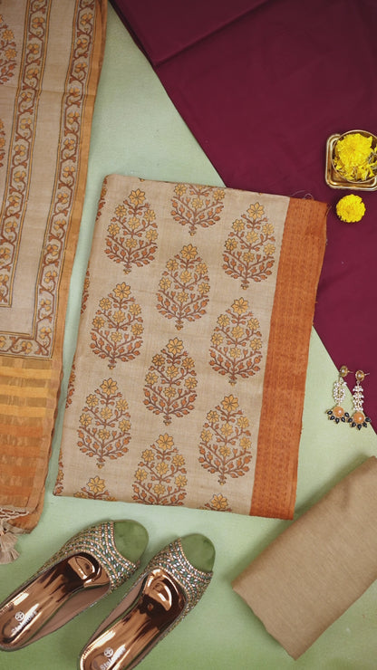 Beige Tussar Silk Printed Kurta Set