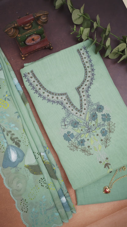 Sea Green Fine Chanderi Suit with Aari Work