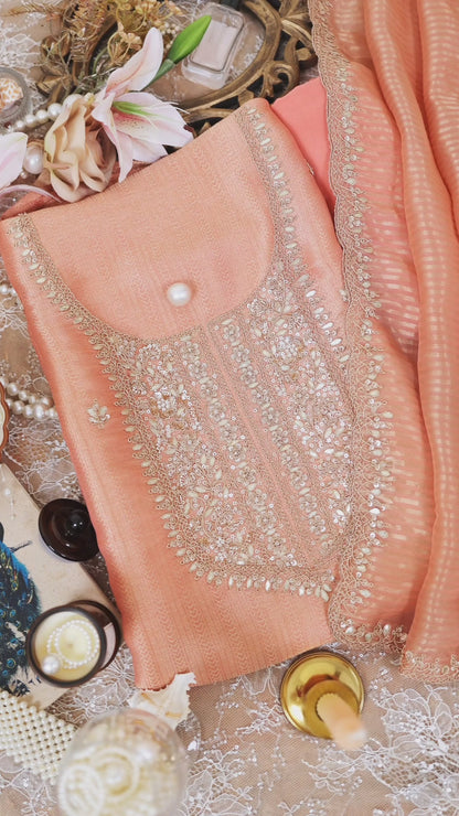 Peach Tissue Woven Suit with Embroidered Dupatta & Crepe Bottom