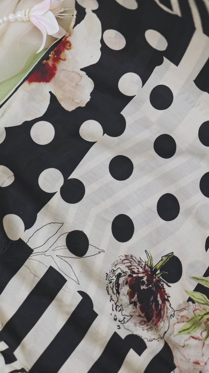 Beige Black Malai Cotton Printed Fabric with Floral, Stripes & Polka