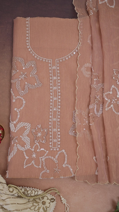 Peach Crush Tissue Embroidered Suit