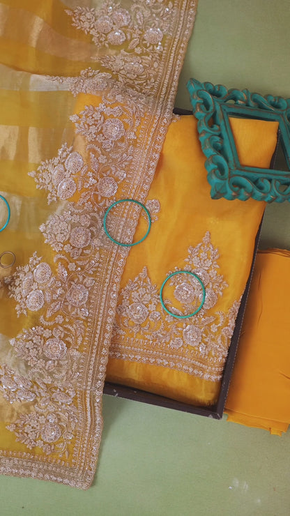 Mango Yellow Silk Organza Embroidered Kurta Set with Dupatta & Bottom