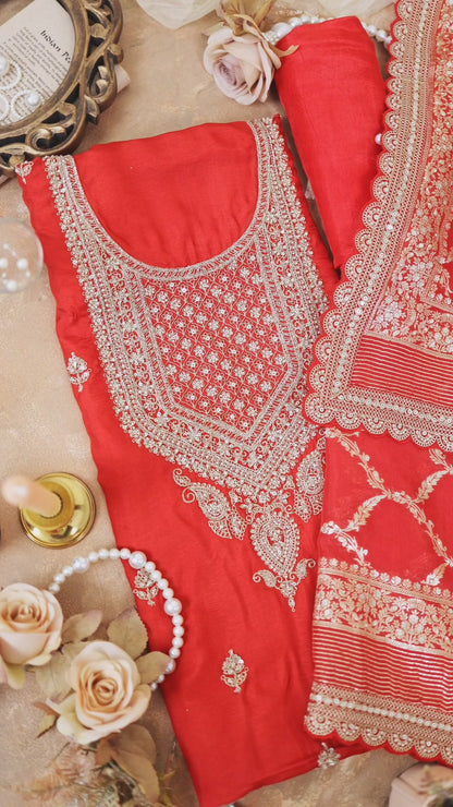 Red Organza Suit with Embroidery & Woven Border Dupatta