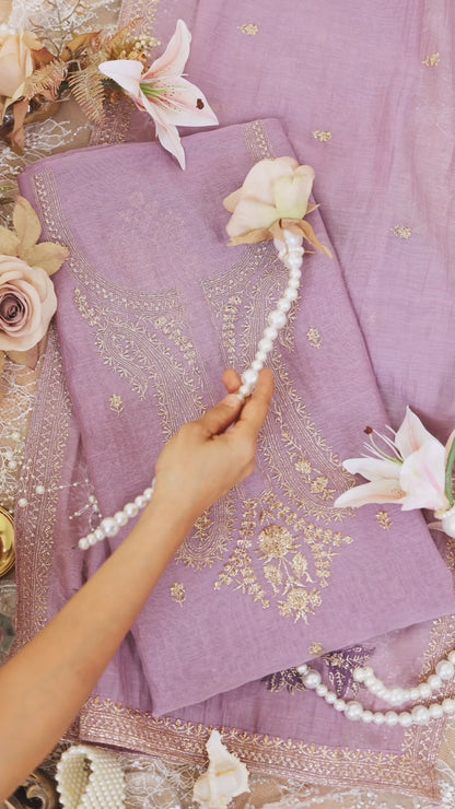 Lilac Fine Chanderi Gold Printed Suit with Zari Badla Work Dupatta