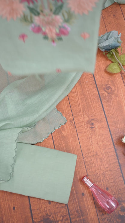 Sea Green Fine Chanderi Suit with Aari Embroidery & Butti Dupatta