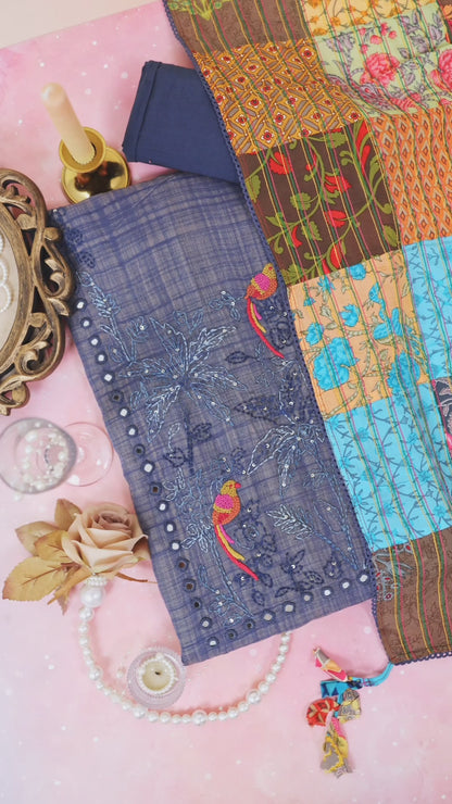 Navy Blue Chanderi Printed Suit with Embroidered Neck & Dupatta