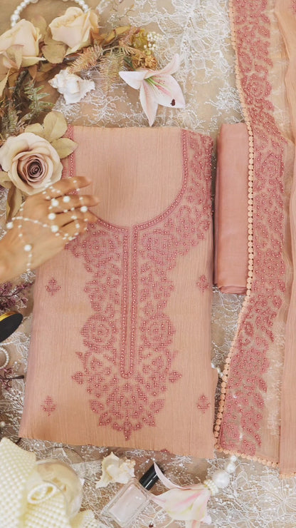 Dusty Peach Crush Tissue Embroidered Suit Set with Dupatta