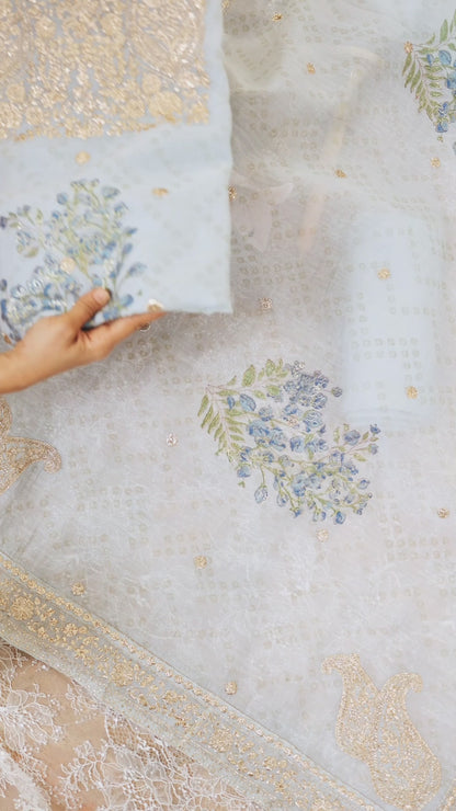 Light Blue Fine Chanderi Self Printed Suit with Zari Badla Embroidered Dupatta