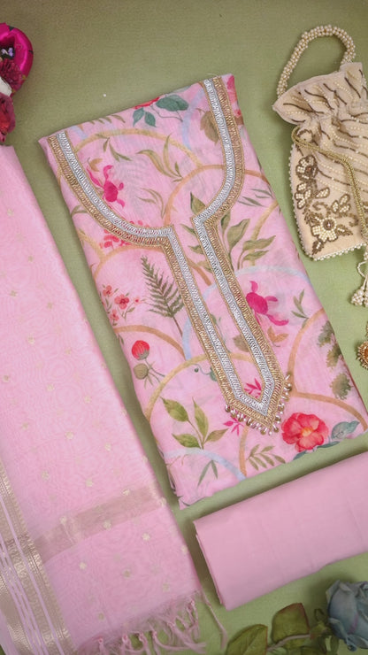 Pastel Pink Fine Chanderi Digital Printed Suit with Embroidered Dupatta
