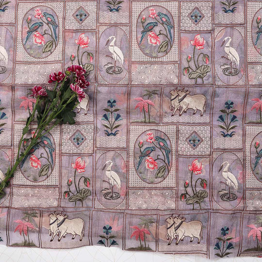 Lilac Tissue Pichwai Embroidery Fabric