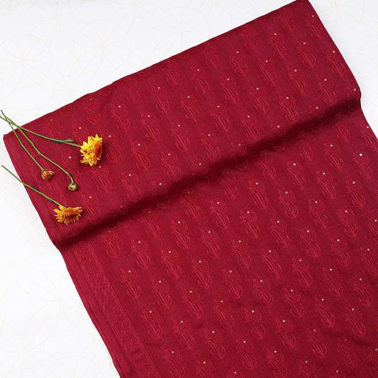 Spun Tussar Embroidery In Cherry Red