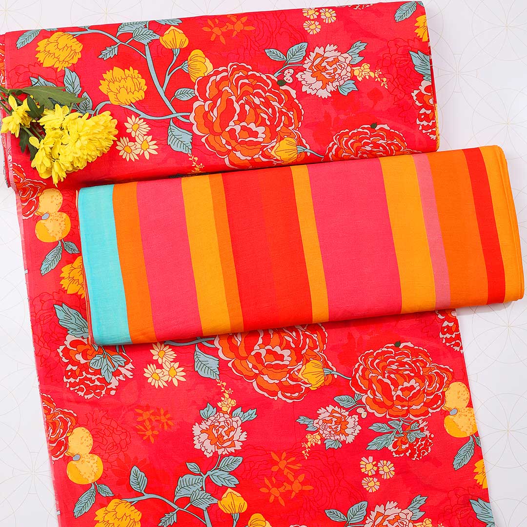 Red Fabric Slub Dupion with Digital Print