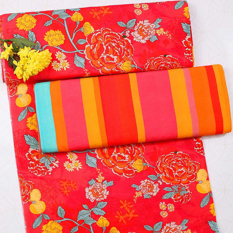 Red Fabric Slub Dupion with Digital Print