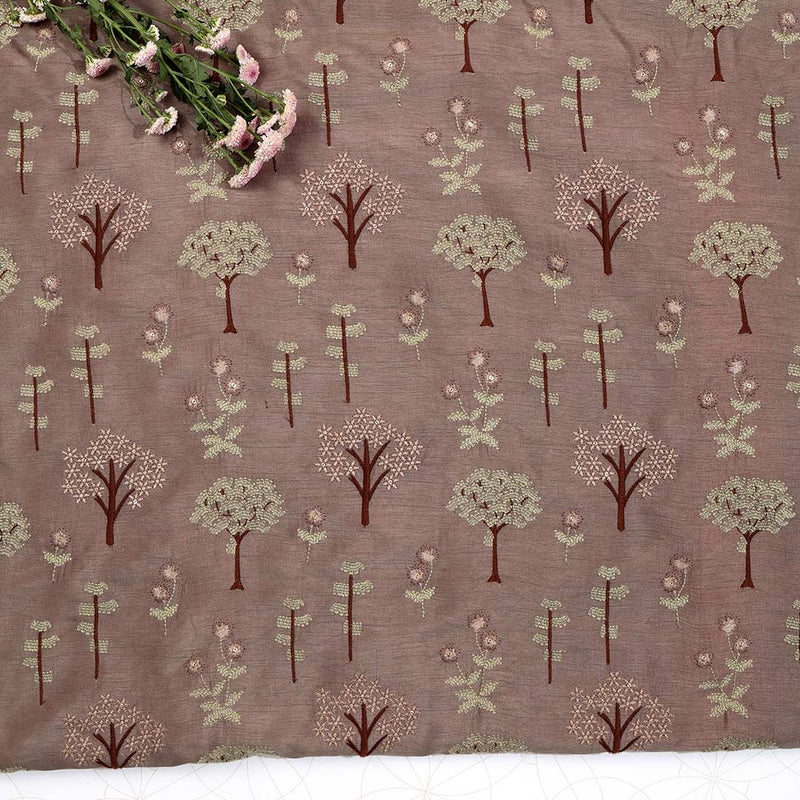 Lush Brown Fabric Slub Dupion with Embroidery