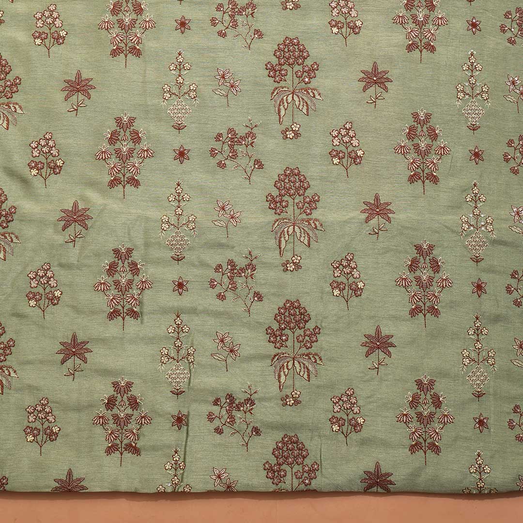 Lush Green Fabric Slub Dupion with Embroidery