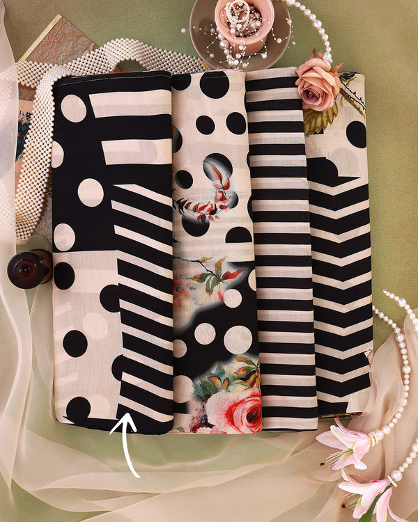 Beige Black Malai Cotton Printed Fabric with Floral, Stripes & Polka