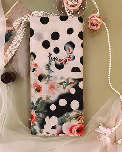 Beige Black Malai Cotton Printed Fabric with Floral, Stripes & Polka
